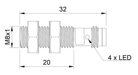 Czujnik indukcyjny M8 L=32 mm wtyczka M8 PNP NC Sn = 4 mm
