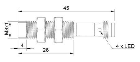 Czujnik indukcyjny M8 L=45 mm wtyczka M8 PNP NC Sn = 4 mm