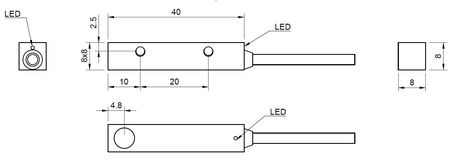 Štvorcový indukčný snímač Q8 L=40 mm kábel 2m PNP NO Sn = 3 mm detekcia zhora