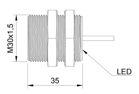 Induktiver Sensor M30 L=35 mm Kabel 2m PNP NO Sn = 22 mm