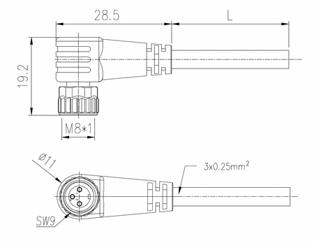 Kabel przyłączeniowy M8 3 pin żeński kątowy, dioda led, przewód PVC 3 m z otwartymi końcówkami