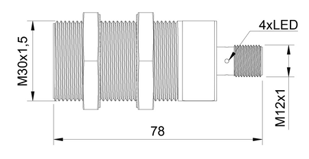 Induktiver Sensor M30 L=78 mm Stecker M12 PNP NC Sn = 16 mm