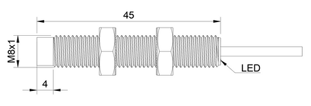 Indukční snímač M8 L=45 mm kabel 2m NPN NO Sn = 6 mm