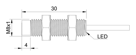 Indukčný snímač M8 L=30 mm kábel 0,3 m konektor M8 NPN NC Sn = 2 mm