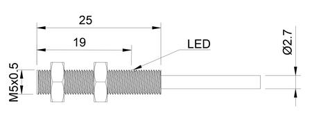 Czujnik indukcyjny M5 L=25 mm przewód 3m PNP NC Sn = 1 mm
