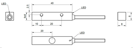 Štvorcový indukčný snímač Q8 L=40 mm kábel 2m PNP NO Sn = 3 mm detekcia v strede
