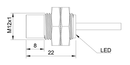 Indukčný snímač M12 L=22 mm kábel 3m NPN NC Sn = 8 mm