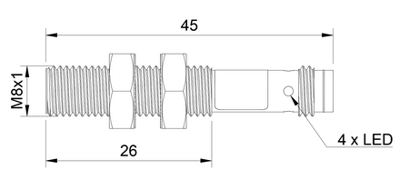 Czujnik indukcyjny M8 L=45 mm wtyczka M8 PNP NC Sn = 4 mm