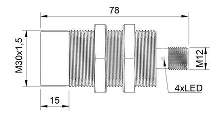 Czujnik indukcyjny M30 całometalowy 78 mm wtyczka M12 NPN NO Sn = 13 mm