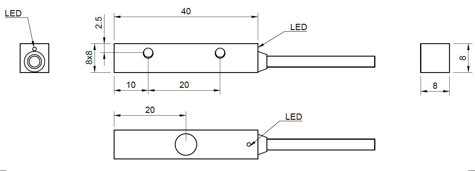 Wire Length Sensor Square inductive sensor Q8 L40 NPN NO, Sn 1 mm, sensing center, 2 m