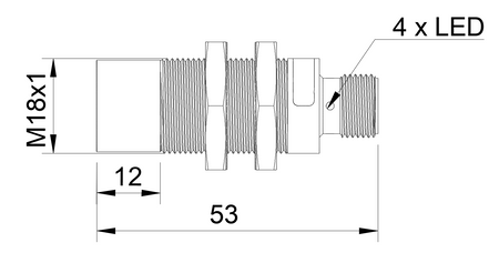 Induktiver Sensor M18 L=53 mm Stecker M12 NPN NO Sn = 20 mm