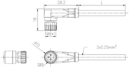 NXOC08081205 - 6 - Anschlusskabel M8 3 pin Buchse gewinkelt, Kabel PUR 5 m mit offenen Enden