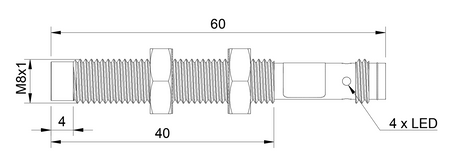 Czujnik indukcyjny M8 L=60 mm wtyczka M8 PNP NC Sn = 4 mm