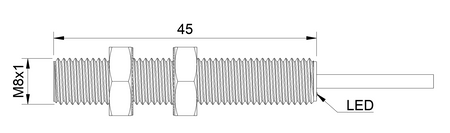 Czujnik indukcyjny M8 L=45 mm przewód 5m PNP NC Sn = 4 mm