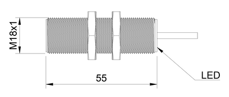Indukčný snímač M18 L=55 mm kábel 2m NPN NO Sn = 8 mm
