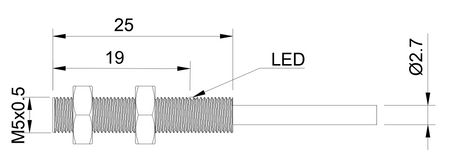 Czujnik indukcyjny M5 L=25 mm przewód 2m NPN NO Sn = 1 mm