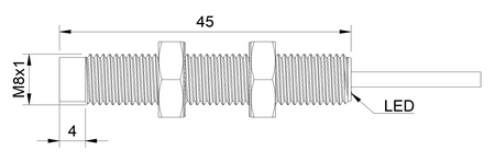 Induktív érzékelő M8 L=45 mm kábel 0,3 m csatlakozó M8 NPN NO & NC Sn = 2 mm
