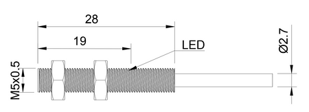 Inductive sensor M5 28 mm cable 0,3 m connector M8 NPN NC Sn = 0,8 mm