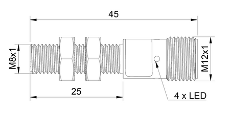 Induktiver Sensor M8 L=45 mm Stecker M12 NPN NO & NC Sn = 2 mm
