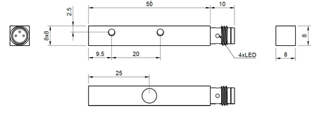 Czujnik ind. kwadratowy Q8 L=60 mm wtyczka M8 PNP NC Sn = 1 mm detekcja środek