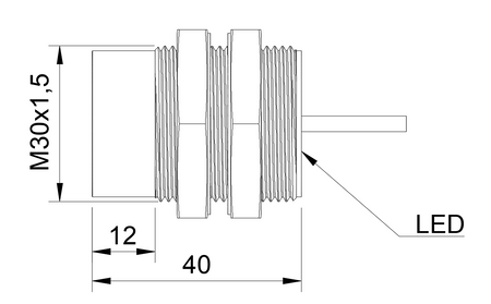 Czujnik indukcyjny M30 L=40 mm przewód 2m NPN NC Sn = 15 mm