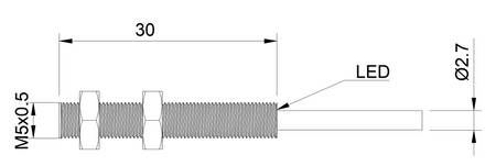 NIS05581 - 9 - Indukční snímač M5 L=30 mm kabel 5m NPN NO Sn = 1,5 mm