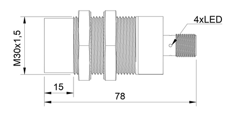 Czujnik indukcyjny M30 dla spawalnictwa 79 mm wtyk M12 PNP NC Sn = 15 mm
