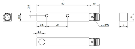 Négyzet alakú induktív érzékelő Q8 L=60 mm csatlakozó M8 PNP NO & NC Sn = 1 mm