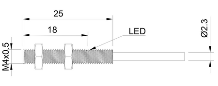 Czujnik indukcyjny M4 L=25 mm przewód 2m PNP NO Sn = 0,6 mm