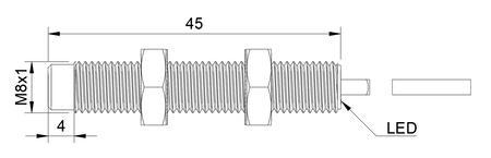 Czujnik indukcyjny M8 całometalowy 45 mm przewód 5m PNP NC Sn = 2 mm