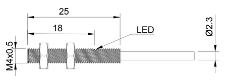 Czujnik indukcyjny M4 L=25 mm przewód 0,3 m wtyczka M8 NPN NC Sn = 0,6 mm