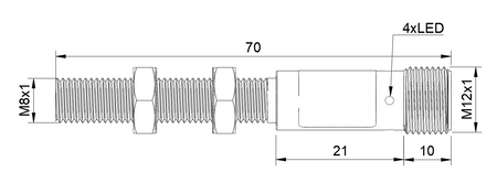 Inductive sensor M8 Metal face 70 mm connector M12 PNP NO Sn = 1 mm
