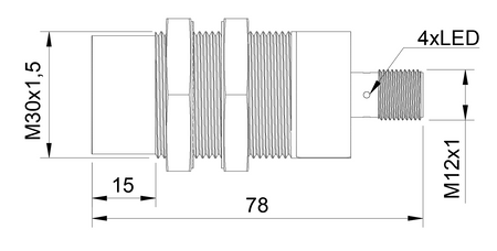Induktiver Sensor M30 L=78 mm Stecker M12 PNP NC Sn = 40 mm