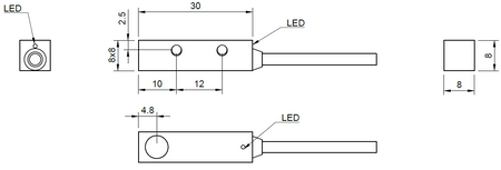 Czujnik ind. kwadratowy Q8 L=30 mm przewód 3m PNP NO Sn = 1 mm detekcja góra